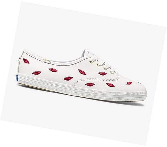 Zapatos con Cordones Keds x kate spade new york Champion Cuero Embroidered Lips Mujer Multicolor Blancas | DIP-430598