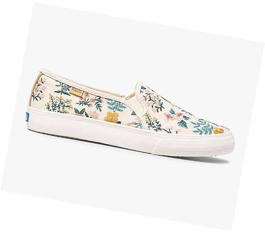 Zapatos Slip On Keds x Rifle Paper Co Double Decker Wildflower Embroidered Mujer Beige | TQL-845796