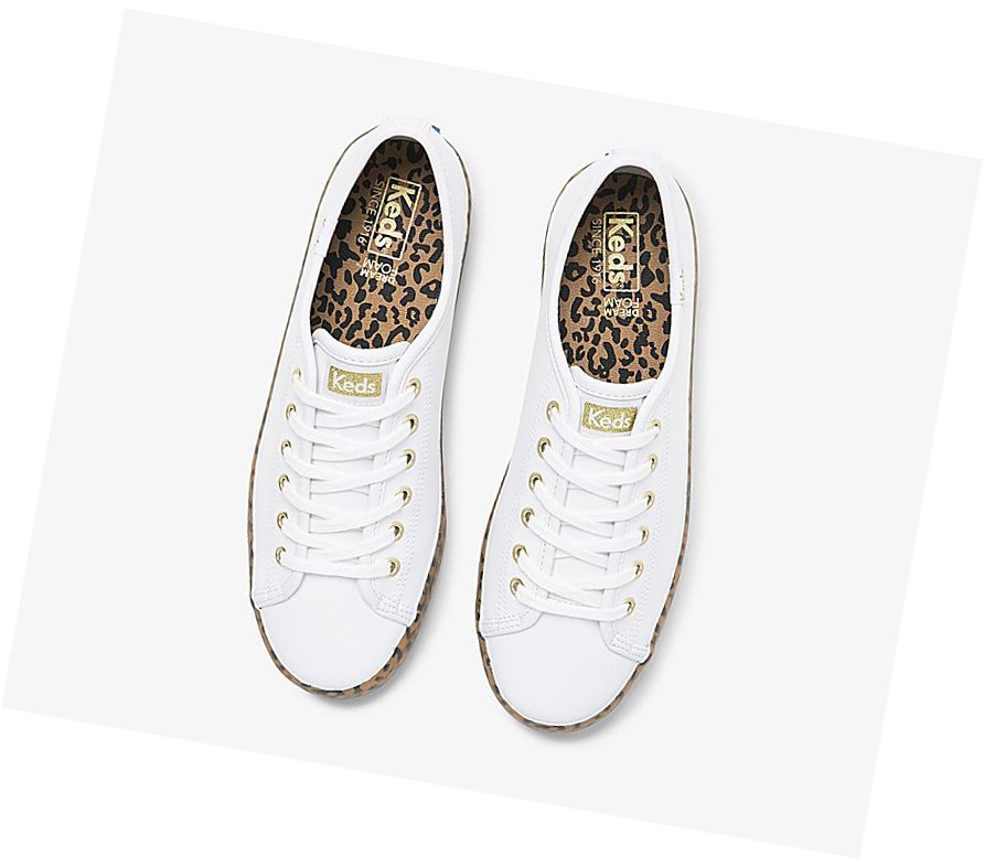 Zapatos con Cordones Keds Kickstart Cuero Leopard Foxing Mujer Blancas Marrones | SNL-548192