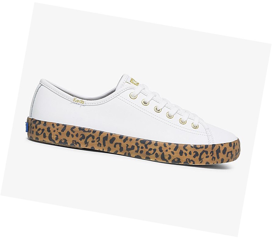 Zapatos con Cordones Keds Kickstart Cuero Leopard Foxing Mujer Blancas Marrones | SNL-548192